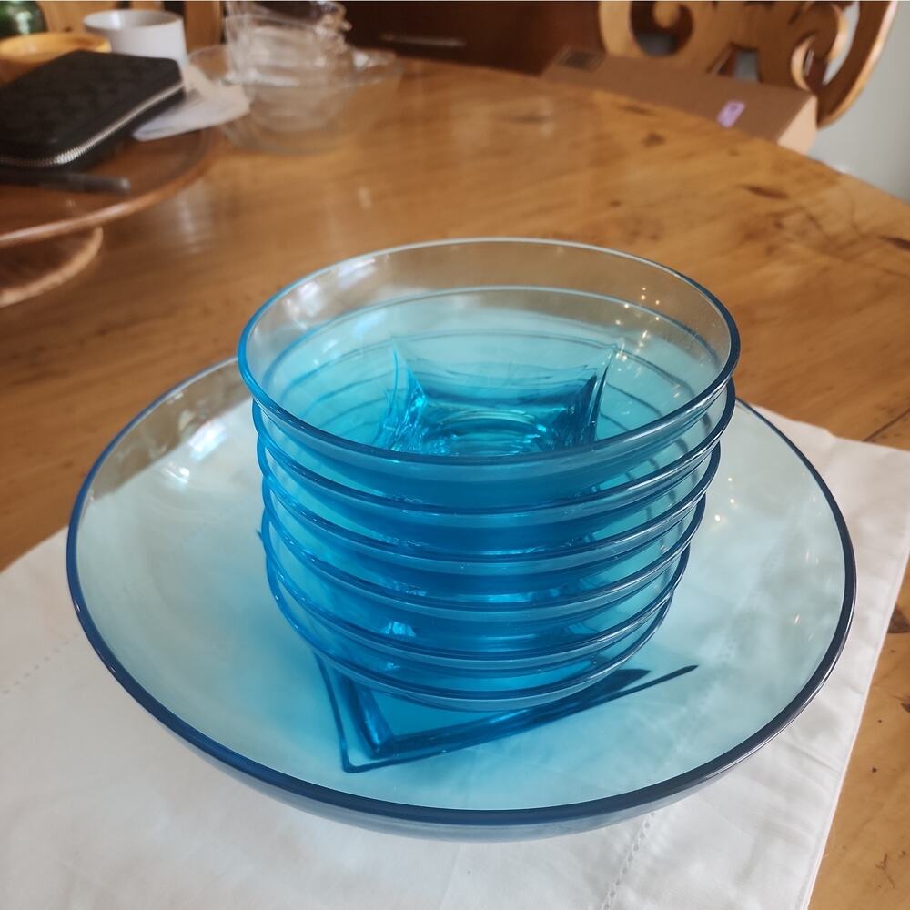 MCM Glassware Hazel Atlas Capri Colonial Azure Blue Glass Salad Serving Set - Picture 9 of 9
